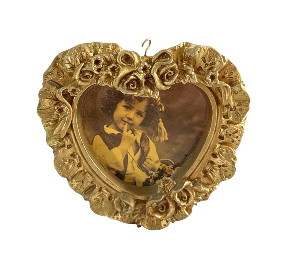 Vintage Gold Heart Picture Frame Ornate Roses Floral Bow 3.5” Romantic Decor